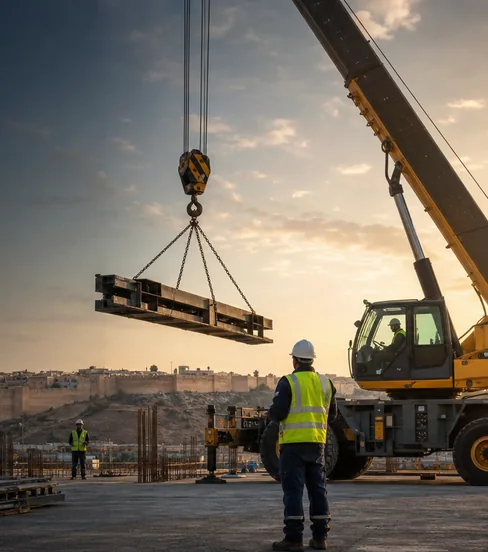 Équipement de levage SMTL RENTAL préparé pour un chantier au Maroc